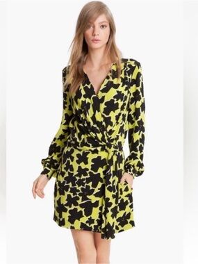 Diane Von Furstenberg Black and Lime Green Asymmetrical Wrap Dress